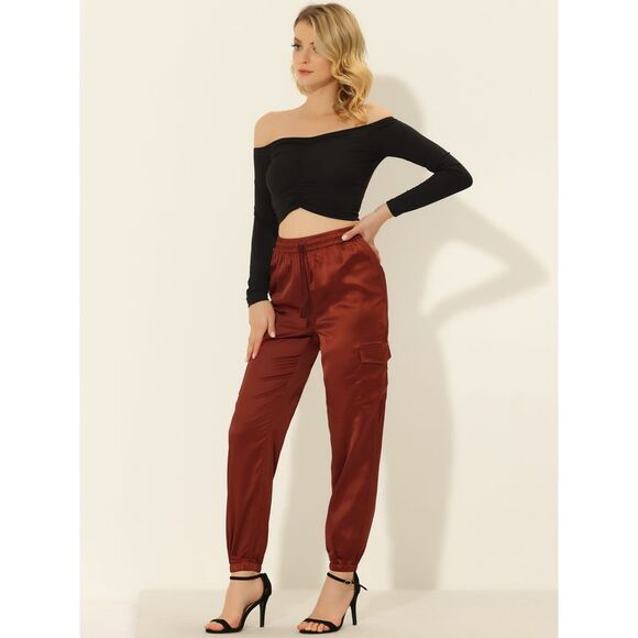 Satin Joggers Drawstring Elastic High Waist Silky Cargo Pants Brown - Picture 3 of 5